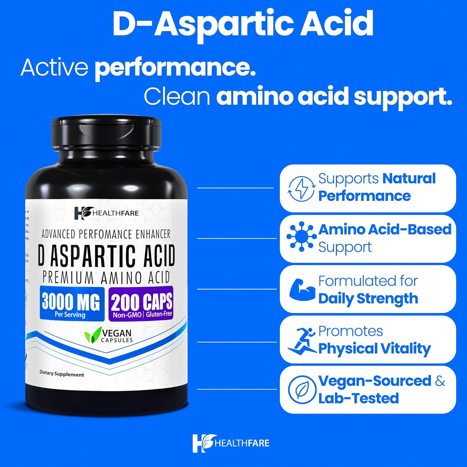 D-Aspartic Acid Capsules 3000mg | 200 Vegan Capsules | Premium Amino Acid Supplement | Naturally Sourced | Non-GMO & Gluten-Free | Made in The USA