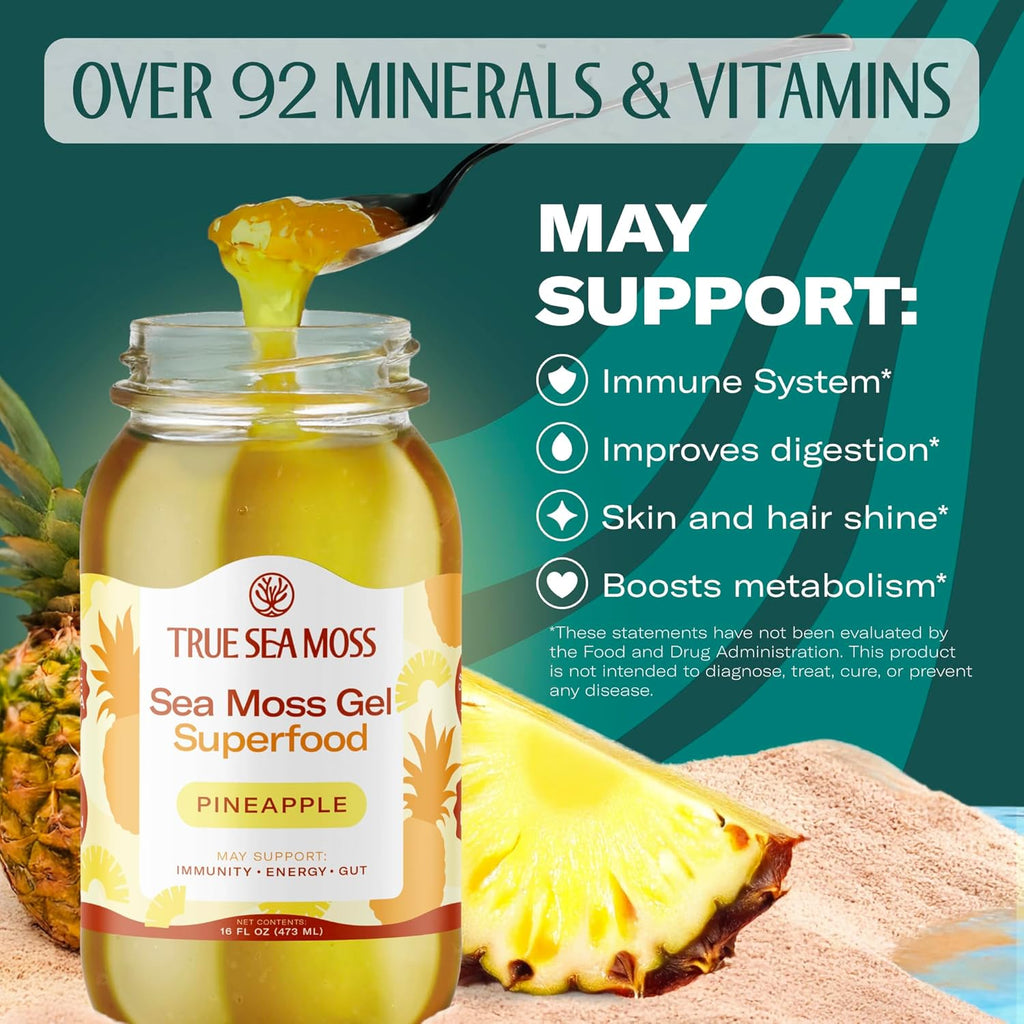 TrueSeaMoss Sea Moss Gel – Made in USA – Wildcrafted Seamoss, Fresh Fruits & Sea Vegetables – Pineapple, Pack of 3 (Labels may Vary)