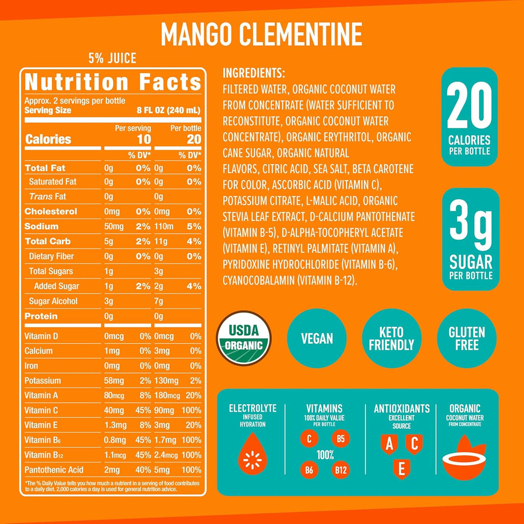 Roar Organic Electrolyte Infusions - USDA Organic - Mango Clementine - with Antioxidants, B Vitamins, Low-Calorie, Low-Sugar, Low-Carb, Coconut Water Infused Beverage 18 Fl Oz (Pack of 12)