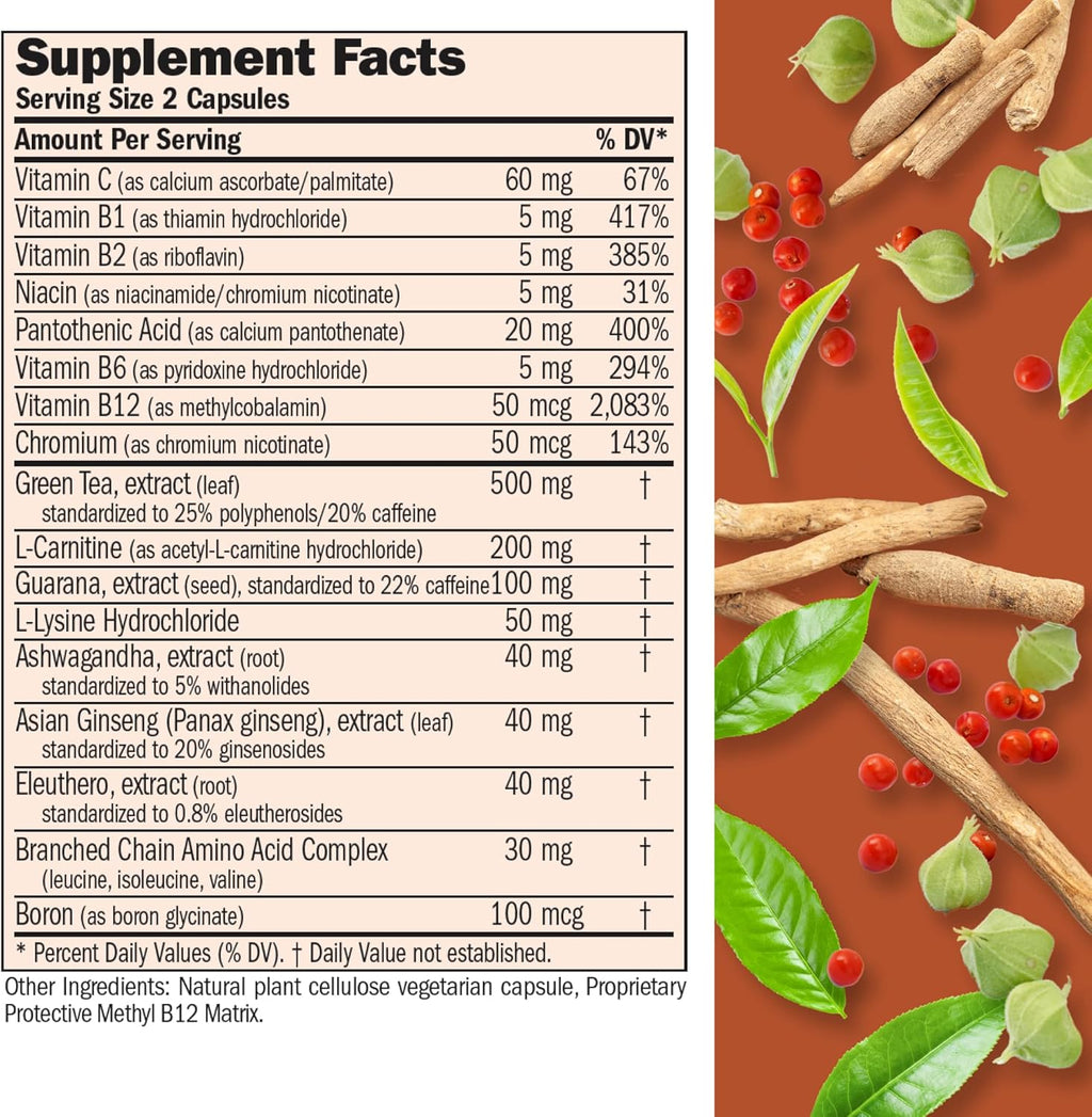 ANDREW LESSMAN Energy and Fat Metabolism Factors 30 Capsules - Promotes Optimum Fat Burning and Energy Metabolism, with Carnitine, Green Tea, Guarana, Ginseng, B-Complex. Easy to Swallow Capsules