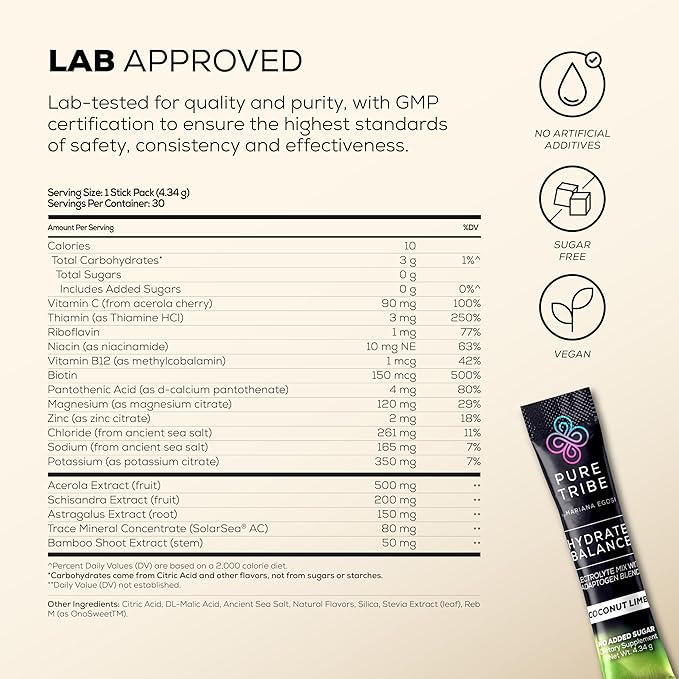 Hydrate + Balance Electrolytes Powder Packets – Vegan & Sugar-Free Hydration Packets with 6 B Vitamins & Adaptogens – Coconut Lime Drink for Instant Hydration & Energy – 30 Stick Servings