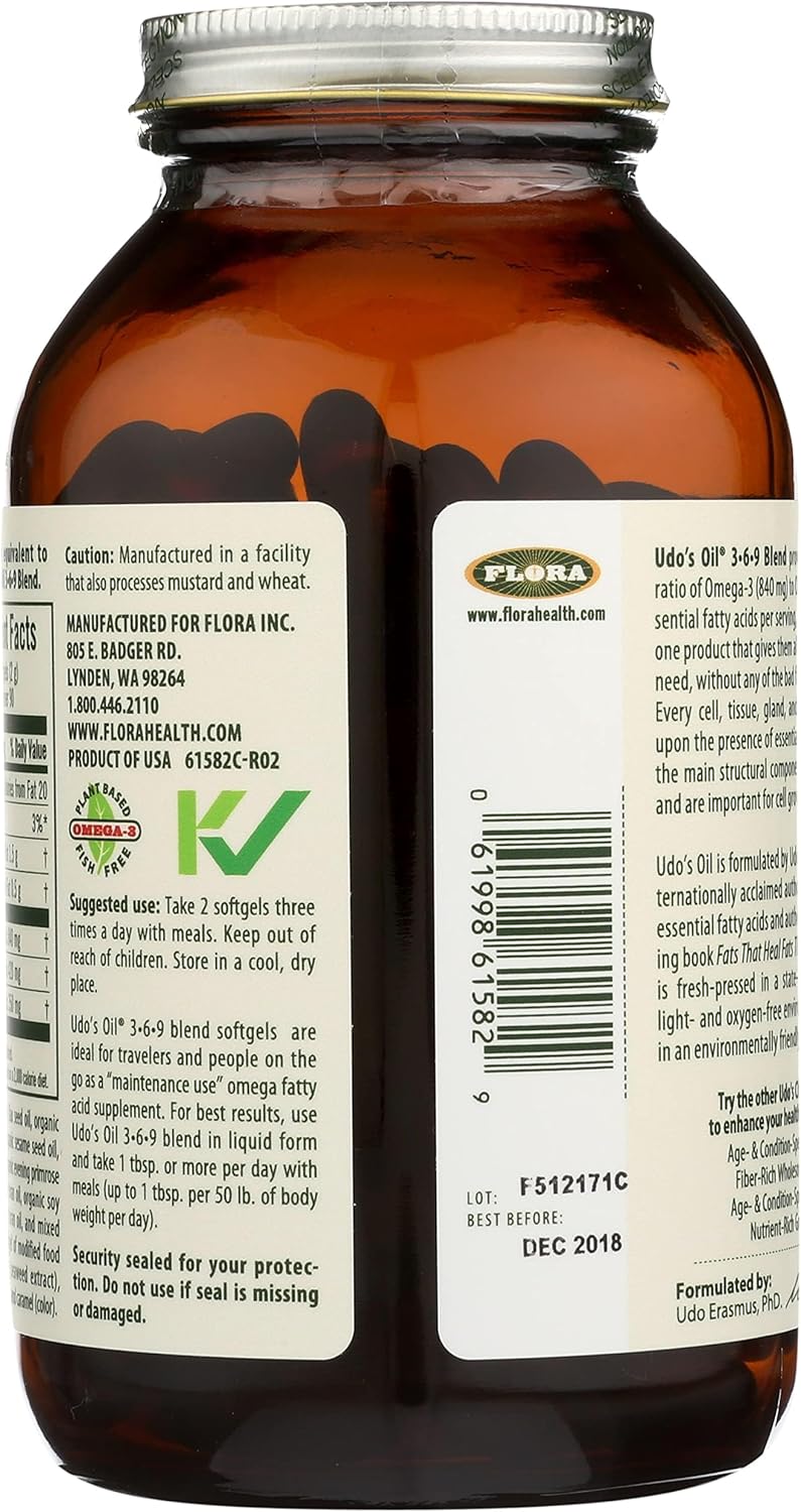 Flora Udo's Oil 3-6-9 Blend - Contains Organic Coconut, Flax Seed Oil & More - 180 Vegetarian Softgels