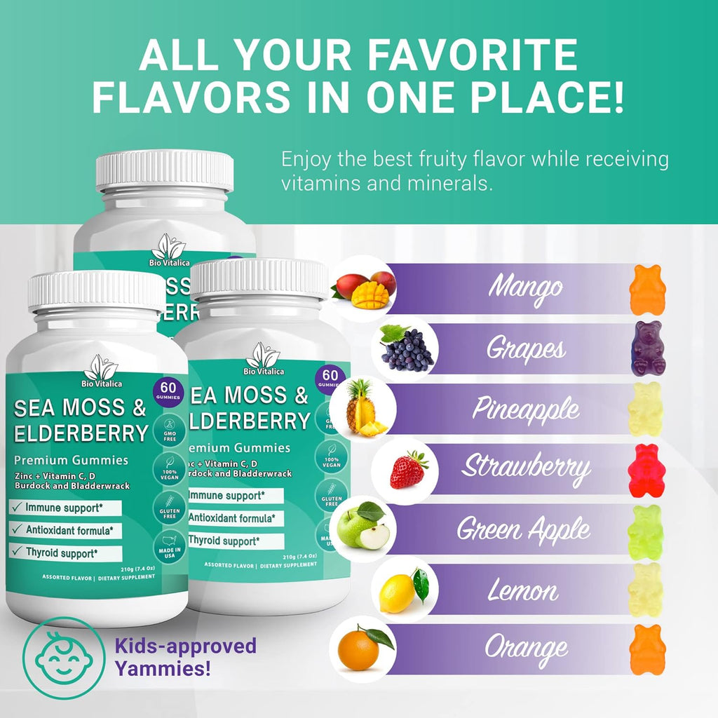 BIO VITALICA (Bundle) Sea Moss Elderberry (3 Packs) & Sea Moss Elderberry Gummies (1 Packs) BioVitalica