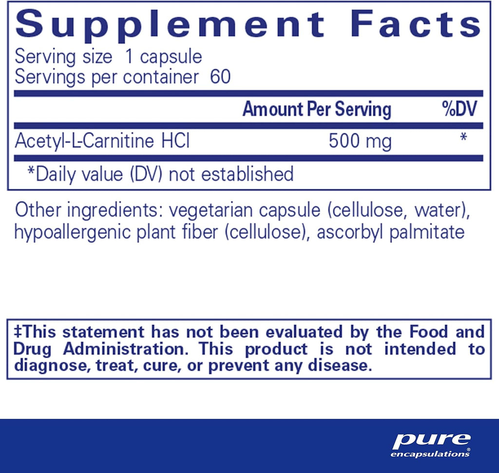 Pure Encapsulations Acetyl-L-Carnitine 500 mg - Memory & Brain Supplement - Brain Support & Focus* - Gluten Free & Non-GMO - 60 Capsules