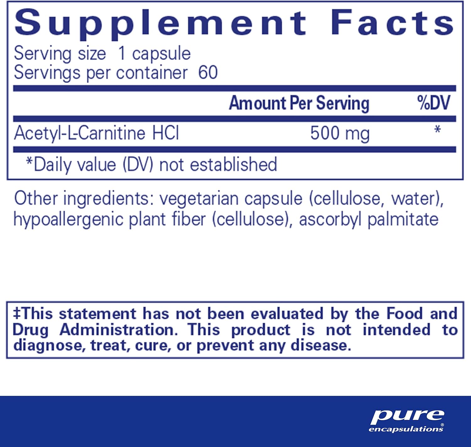 Pure Encapsulations Acetyl-L-Carnitine 500 mg - Memory & Brain Supplement - Brain Support & Focus* - Gluten Free & Non-GMO - 60 Capsules