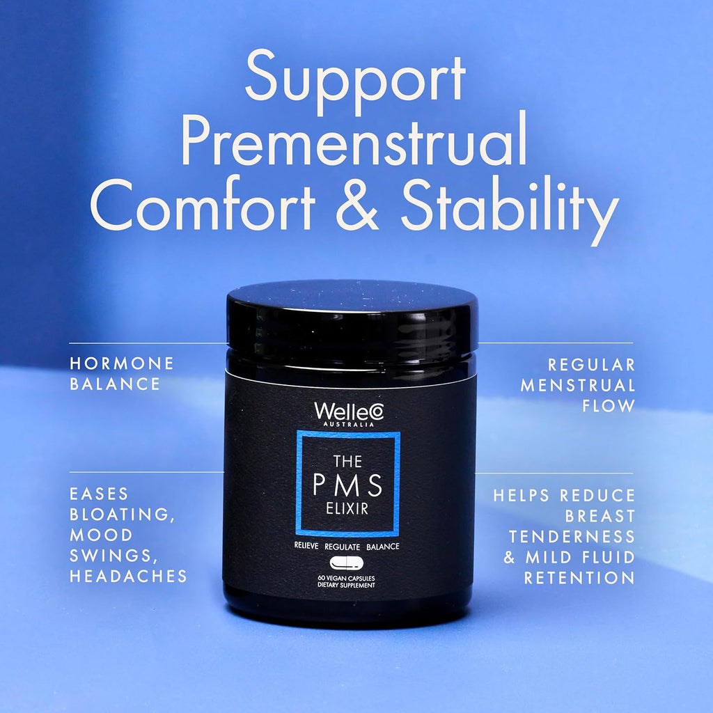 WelleCo The PMS Elixir Premenstrual Support Supplement for Women, Magnesium and Ashwagandha Capsules with Iron, Iodine, Broccoli Sprouts, Vitex, Chromium & B Vitamins, Vegan & Gluten Free, 60 Capsules