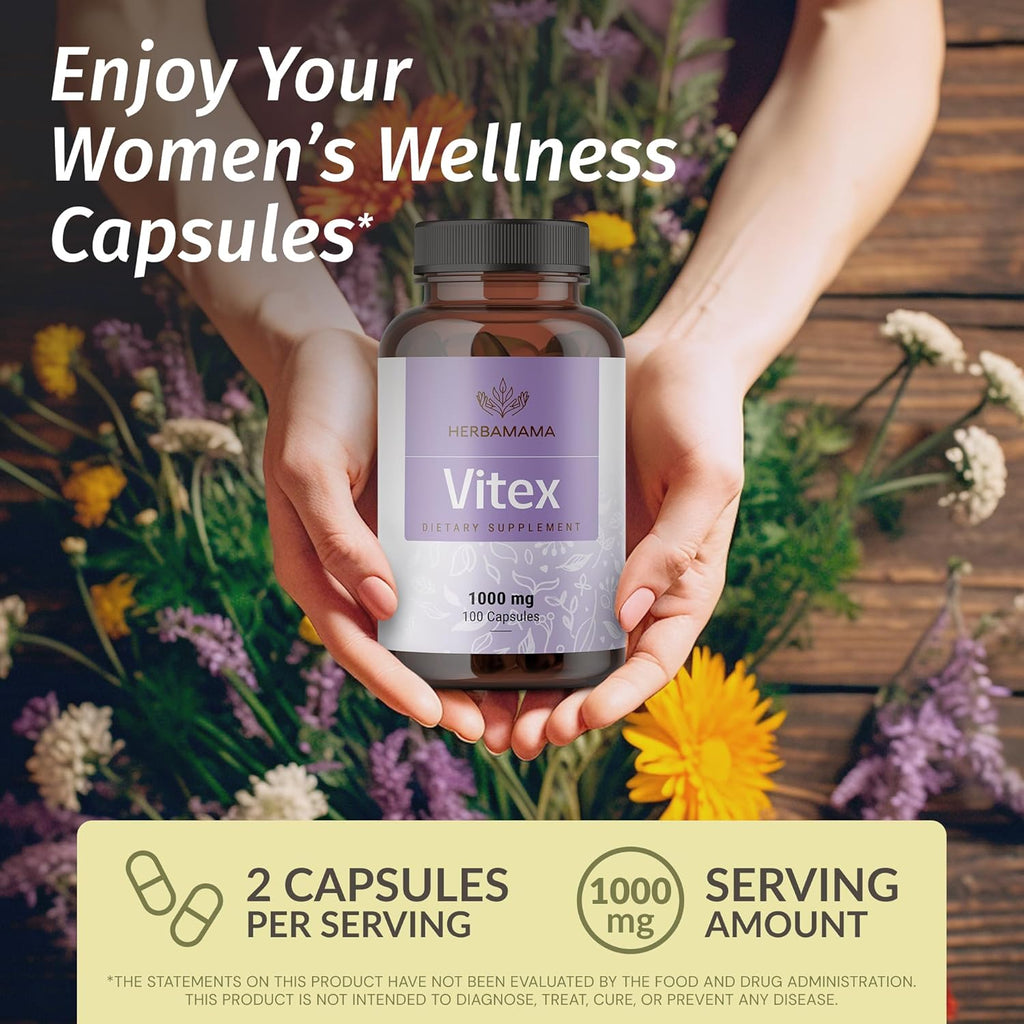 HERBAMAMA Vitex Fruit Capsules - 1000mg Chaste Tree Berry Powder for Women's Support - Vegan, Non-GMO Pure Vitex Chasteberry Supplement for Women, 100 Caps