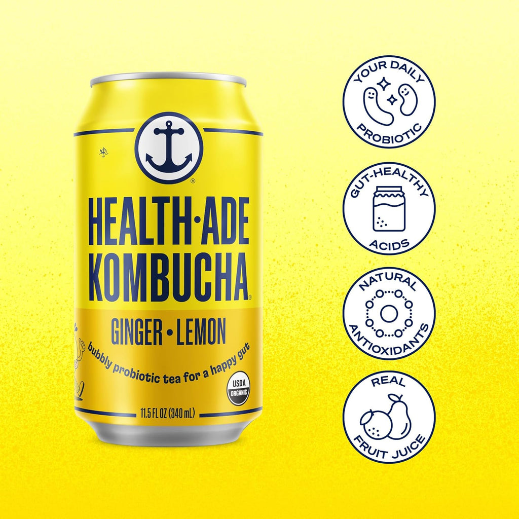 Health-Ade Ginger-Lemon Kombucha, Organic Drink, 12-Pack (11.5 Fl Oz Cans) - Fermented Tea with Probiotics, Detoxifying Acids, Supports Gut Health - Non-GMO, Vegan, Gluten-Free