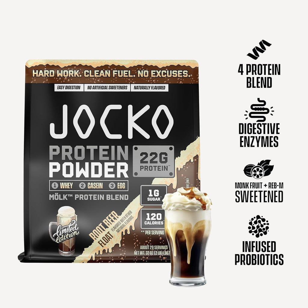 Jocko Fuel Mölk Whey Protein Powder - Keto, Probiotics, Digestive Enzymes, Amino Acids, Low Sugar Monk Fruit Blend - Supports Muscle Recovery & Growth (29 Servings, Root Beer Float)