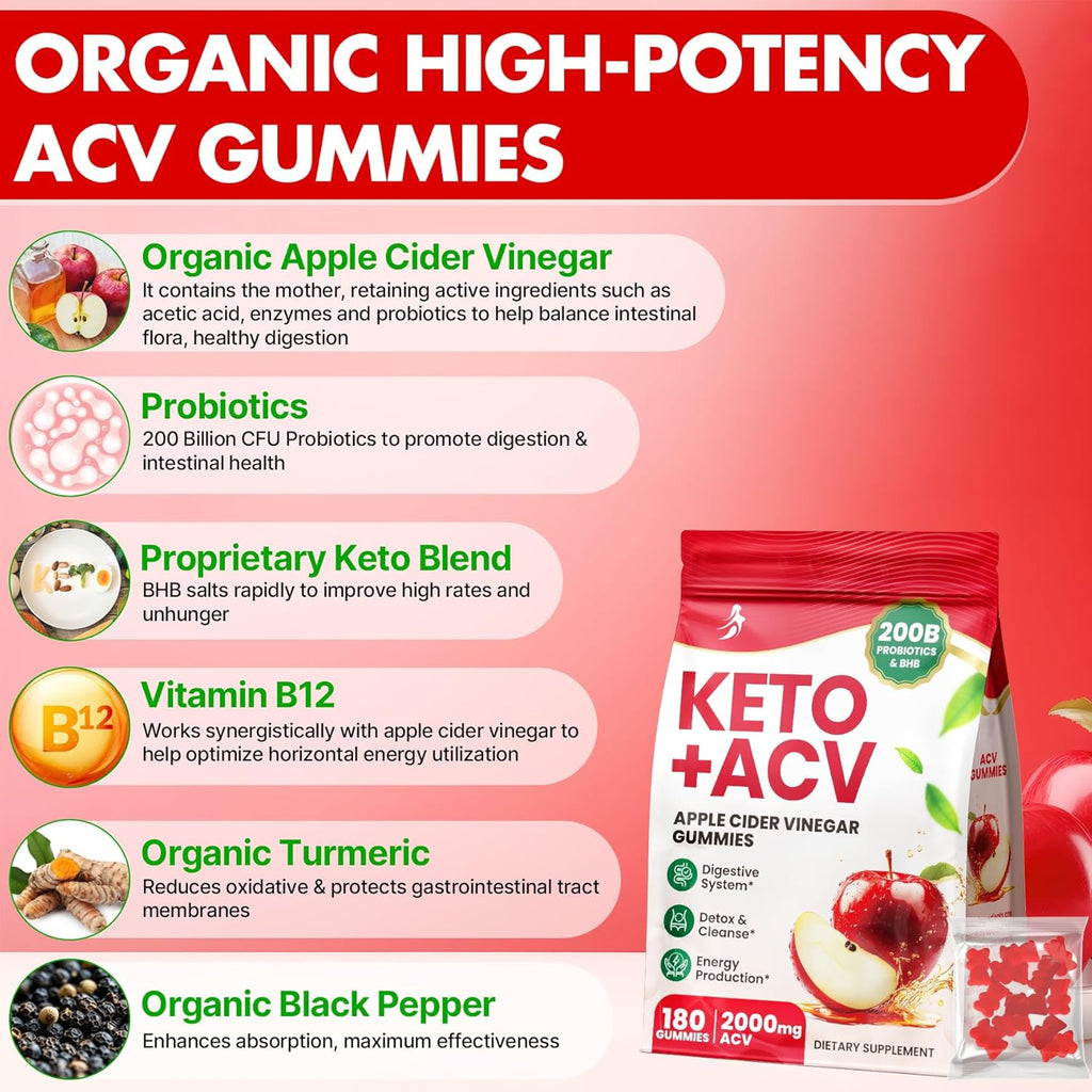 Apple Cider Vinegar Gummies, Advanced ACV Gummy with Probiotics, BHB, B12 and Keto Support - Keto Acv Gummies for Detox, Metabolism, Digestion, Gut & Immune Health - Sugar Free, Vegan, 180 Counts