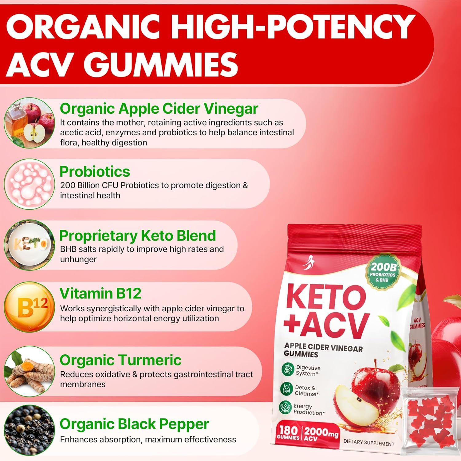 Apple Cider Vinegar Gummies, Advanced ACV Gummy with Probiotics, BHB, B12 and Keto Support - Keto Acv Gummies for Detox, Metabolism, Digestion, Gut & Immune Health - Sugar Free, Vegan, 180 Counts