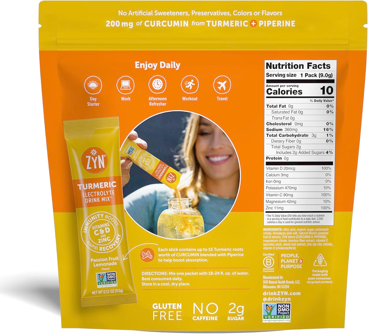 ZYN Electrolyte Drink Mix Hydration Packets, Passion Fruit Electrolytes Powder, Hydration Packets w/Turmeric Curcumin, Vitamin C & D, Zinc, Hydrate & Recover Electrolyte Powder, Pack of 32