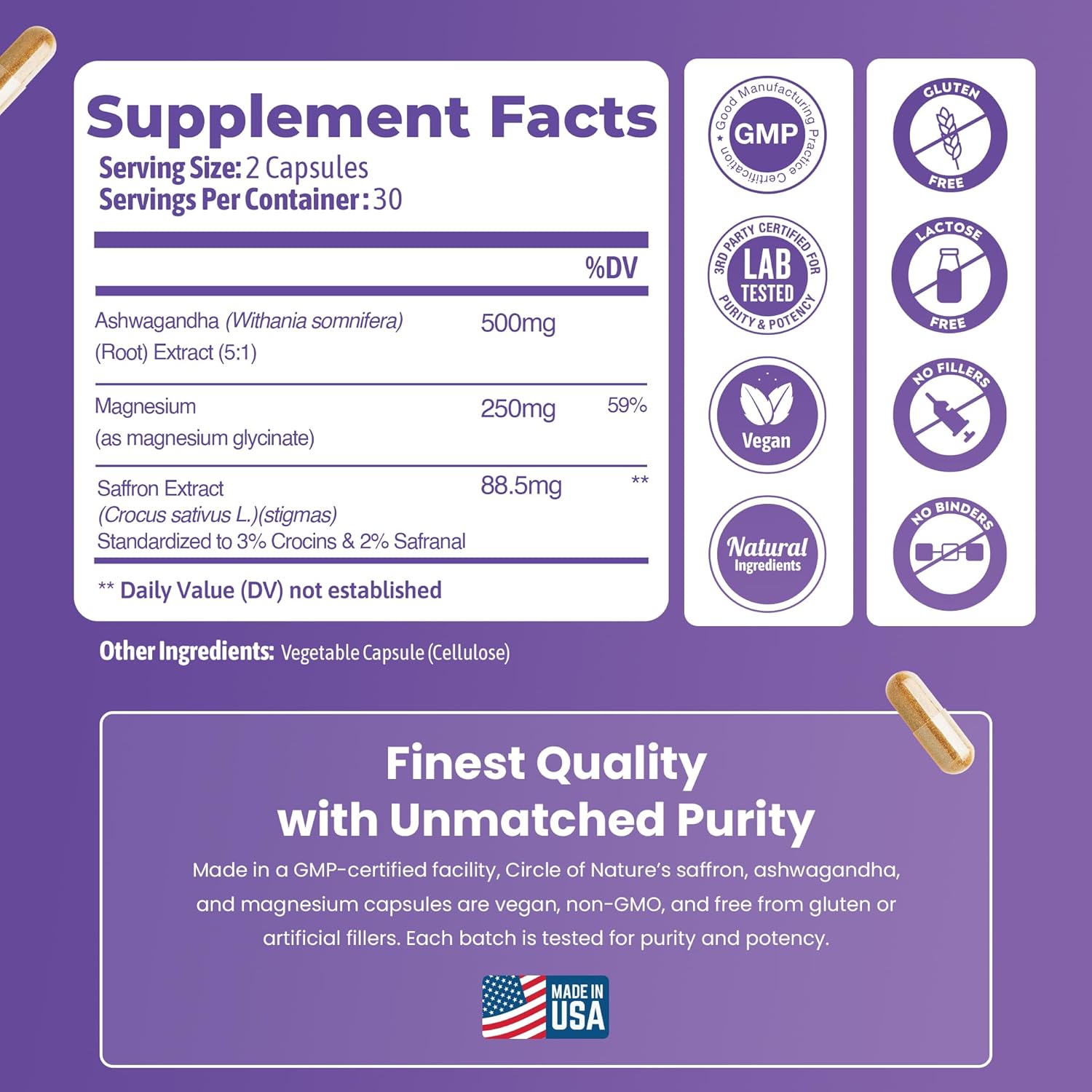 Saffron Supplement 88.5 mg with Ashwagandha & Magnesium Glycinate, Mood, Eye Health & Relaxation, 60 Clean Capsules, Saffron Stigma Extract, Made in USA