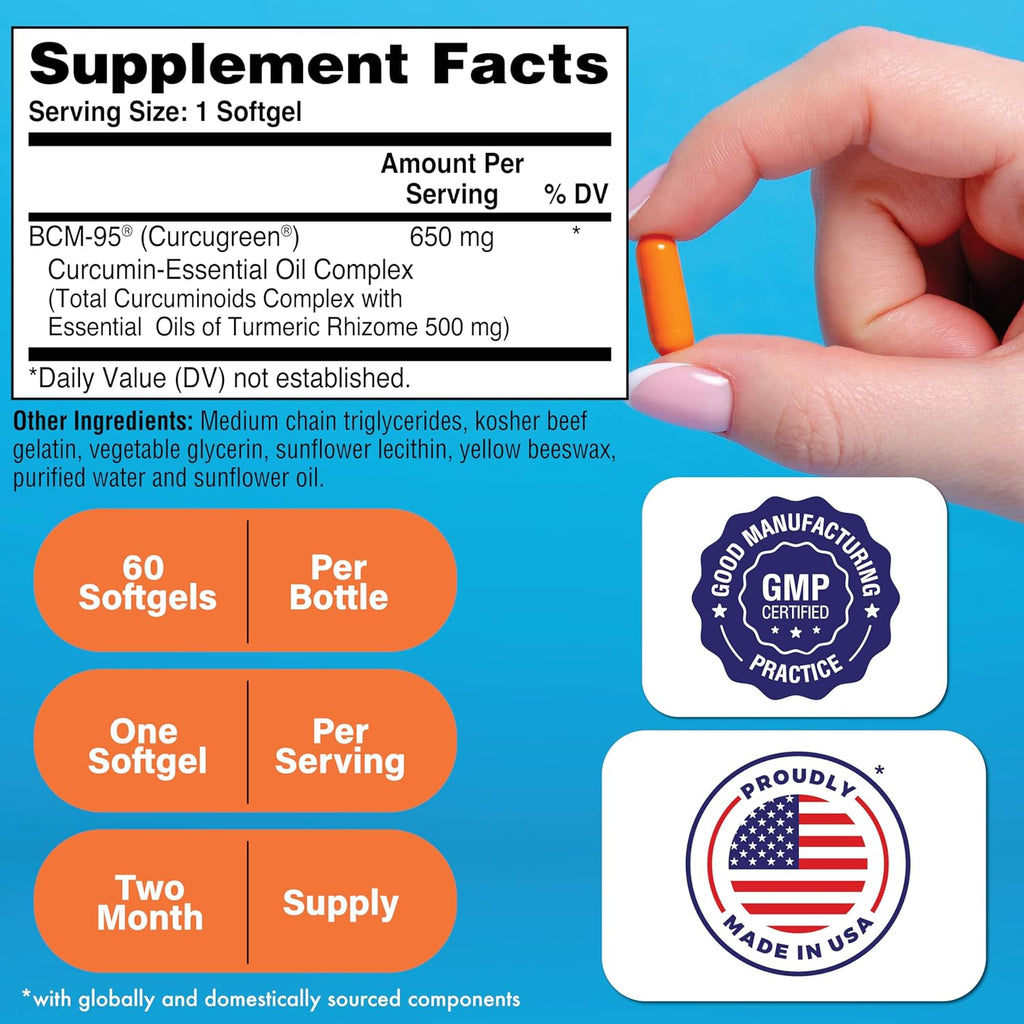 Health Thru Nutrition Curcumin 650mg BCM-95 Curcugreen | Turmeric Curcumin Complex | High Absorption | Healthy Inflammation Response | Clinically Studied | 3rd Party Tested | Non-GMO (Pack of 60)