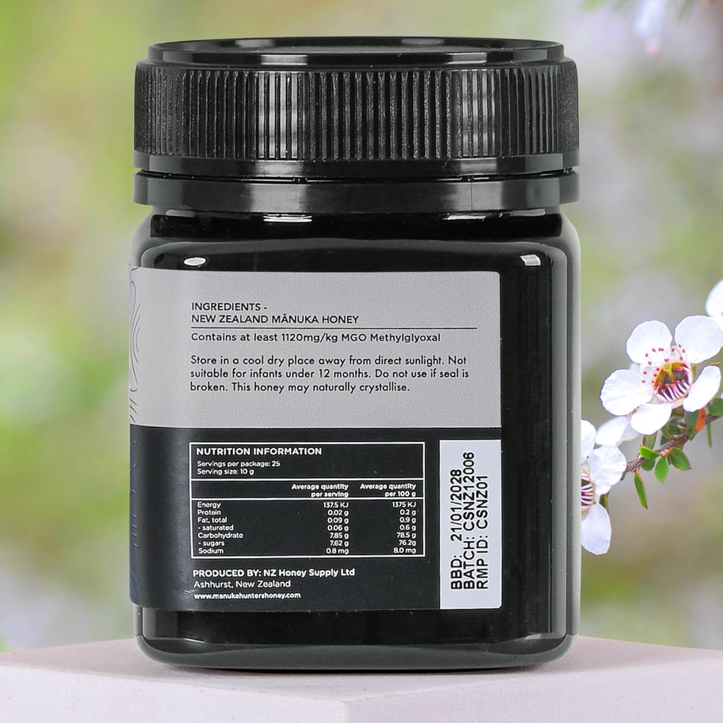 Manuka Hunters UMF 24+/MGO 1120+ Certified New Zealand Manuka Honey - 100% Pure Natural Sweetener - Gluten, Dairy Free - Ideal for Tea, Coffee, Smoothies, and Baking - Sustainable - 8.8oz/250g Jar