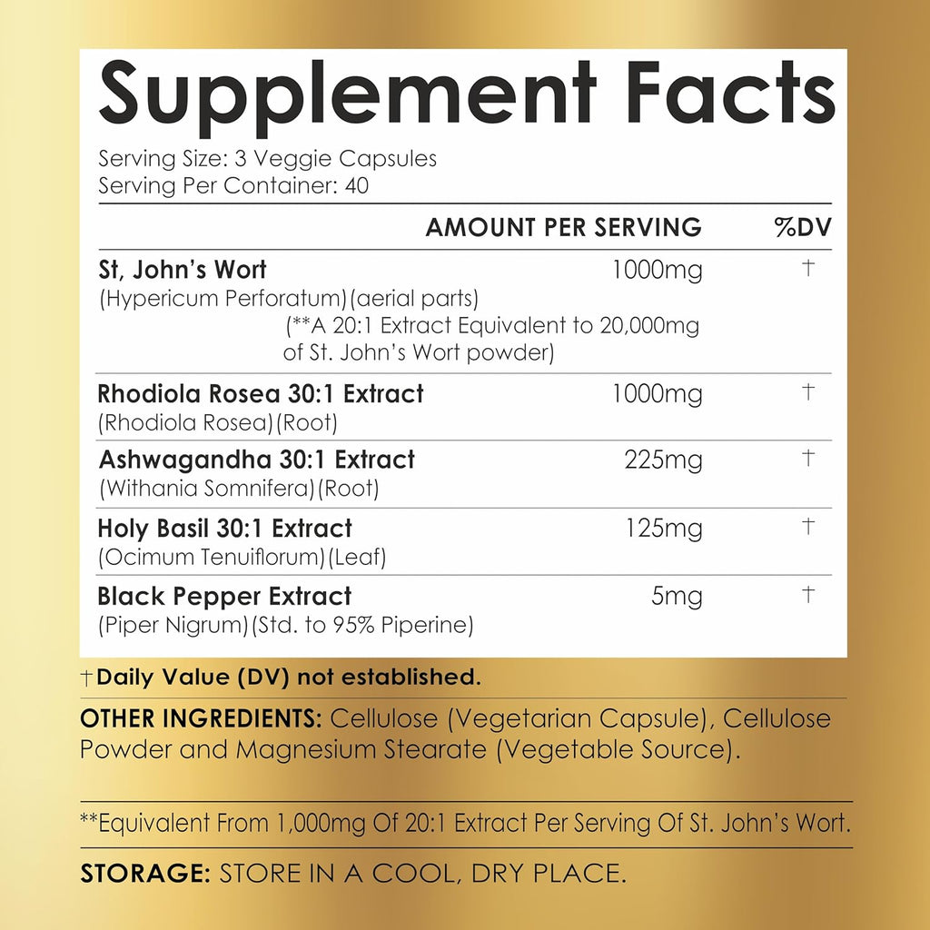 St Johns Wort 20:1, 1000mg, Rhodiola Rosea Holy Basil Ashwagandha - Mood Support for Women and Men with Vitamin C & Black Pepper Extract - 120 Caps