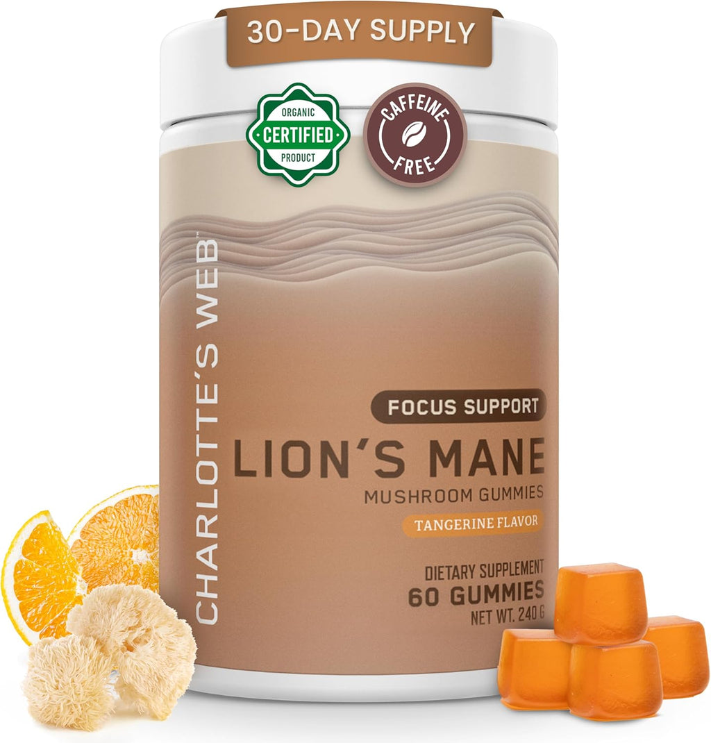 Charlotte's Web Focus Support Mushroom Gummies for Focus and Energy w/Lion’s Mane, Natural Cognitive Support Lions Mane Gummies for Adults — Tangerine Flavor (30 Servings)