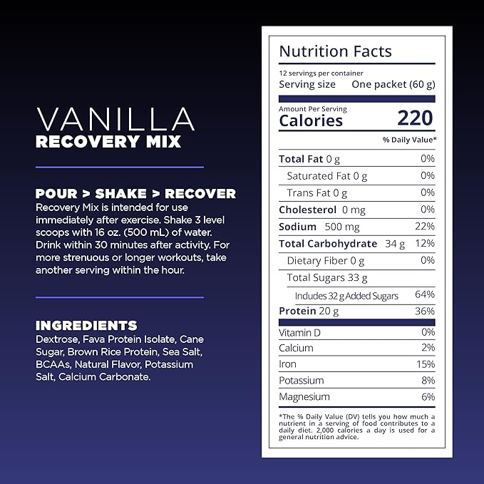 Tailwind Nutrition Recovery Mix, 20 Grams Complete Protein, Carbohydrates, and Electrolytes Powder Drink Mix for Post-Workout, Free of Gluten, Soy, and Dairy, Vegan, 12 Servings, Vanilla