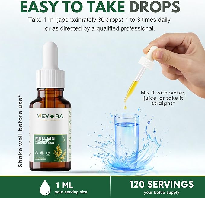 Mullein Leaf Drops with Astragalus & Licorice Root - 4 fl oz Liquid Supplement - Herbal Extract Drops - 1200mg Per Serving - Vegan, Non-GMO, Gluten Free - 120 Servings