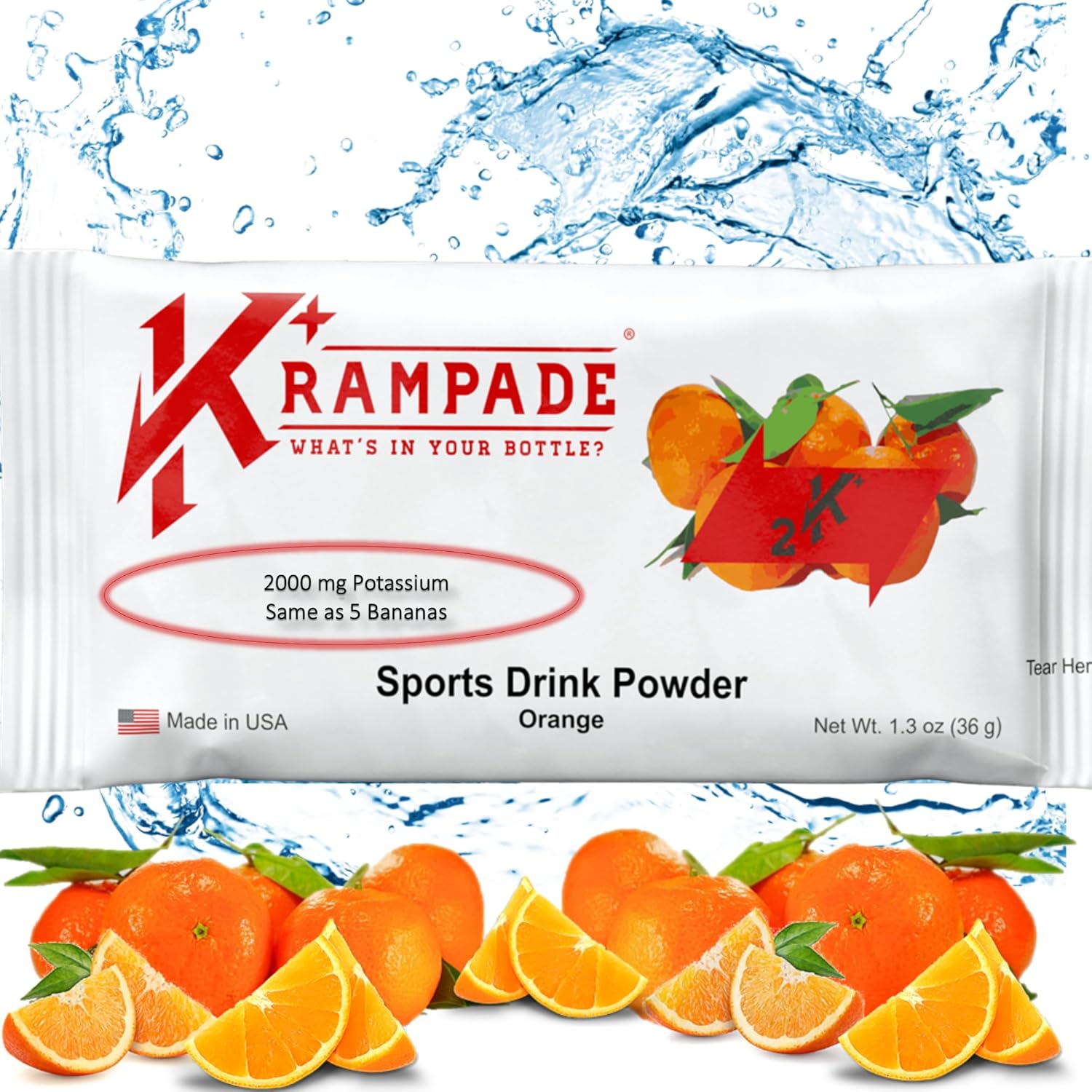 Original 2K - 2000 mg Potassium Electrolyte Powder Drink Mix | Cramp Relief - Hydration - Increased Performance | Orange - 20 Single Serving Packets