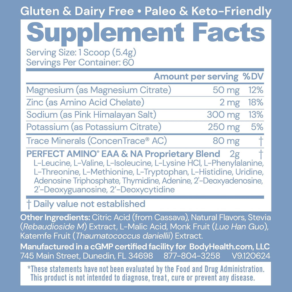 BodyHealth PerfectAmino Electrolytes Powder No Sugar, Keto Sugar Free Fasting Electrolytes Drink Mix, Hydration Powder with Trace Minerals - Orange - 60 Servings