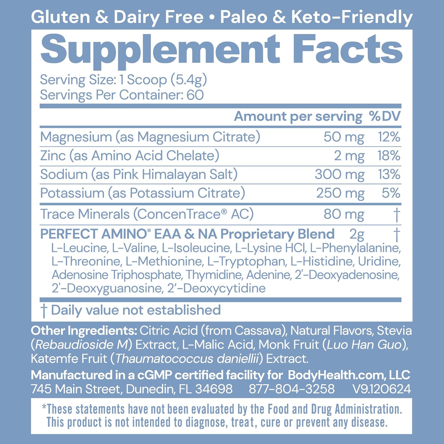 BodyHealth PerfectAmino Electrolytes Powder No Sugar, Keto Sugar Free Fasting Electrolytes Drink Mix, Hydration Powder with Trace Minerals - Orange - 60 Servings