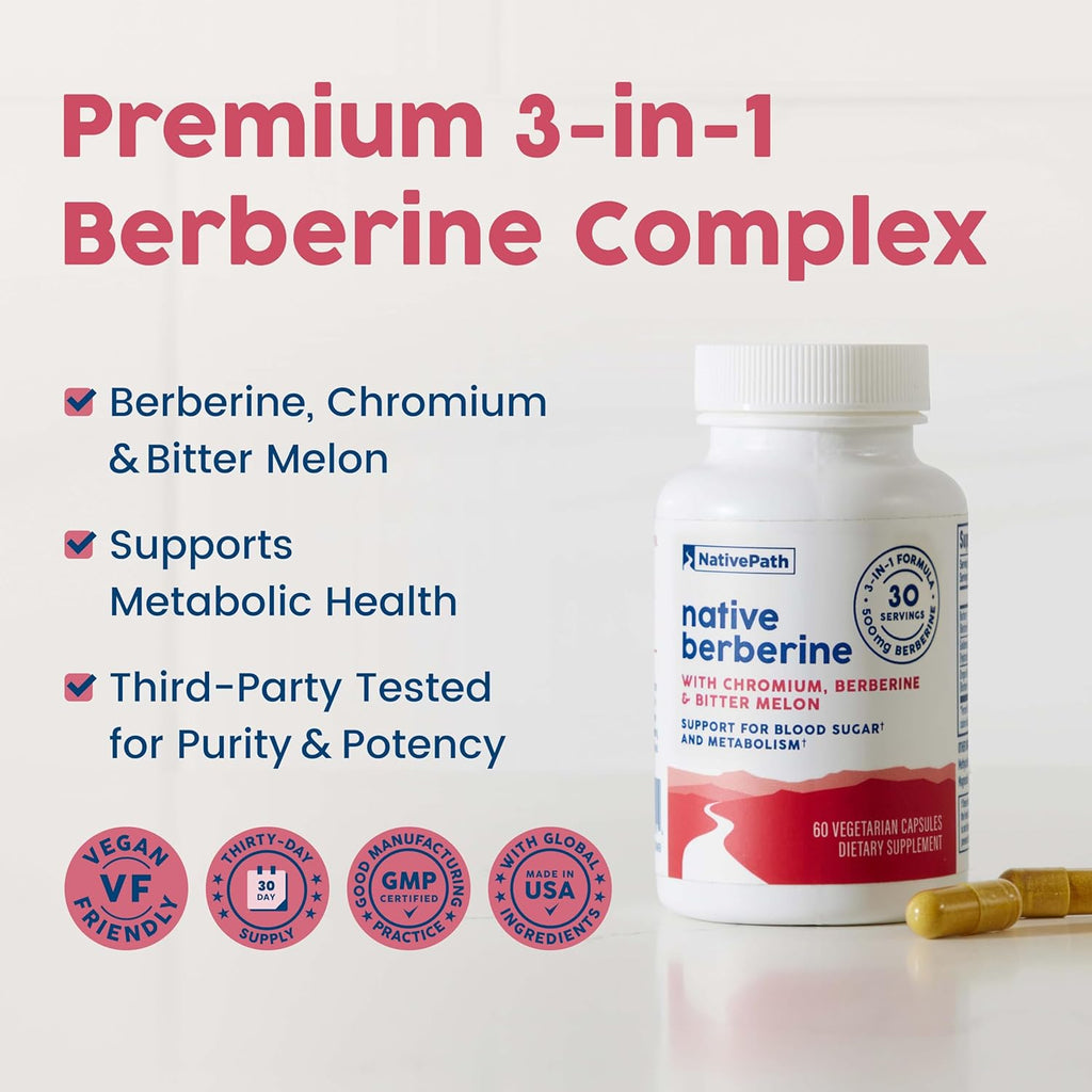 NativePath Native Berberine HCl 3-in-1 Complex with Chromium & Bitter Melon Extract - 500mg Premium Metabolic Support - 60 Capsules