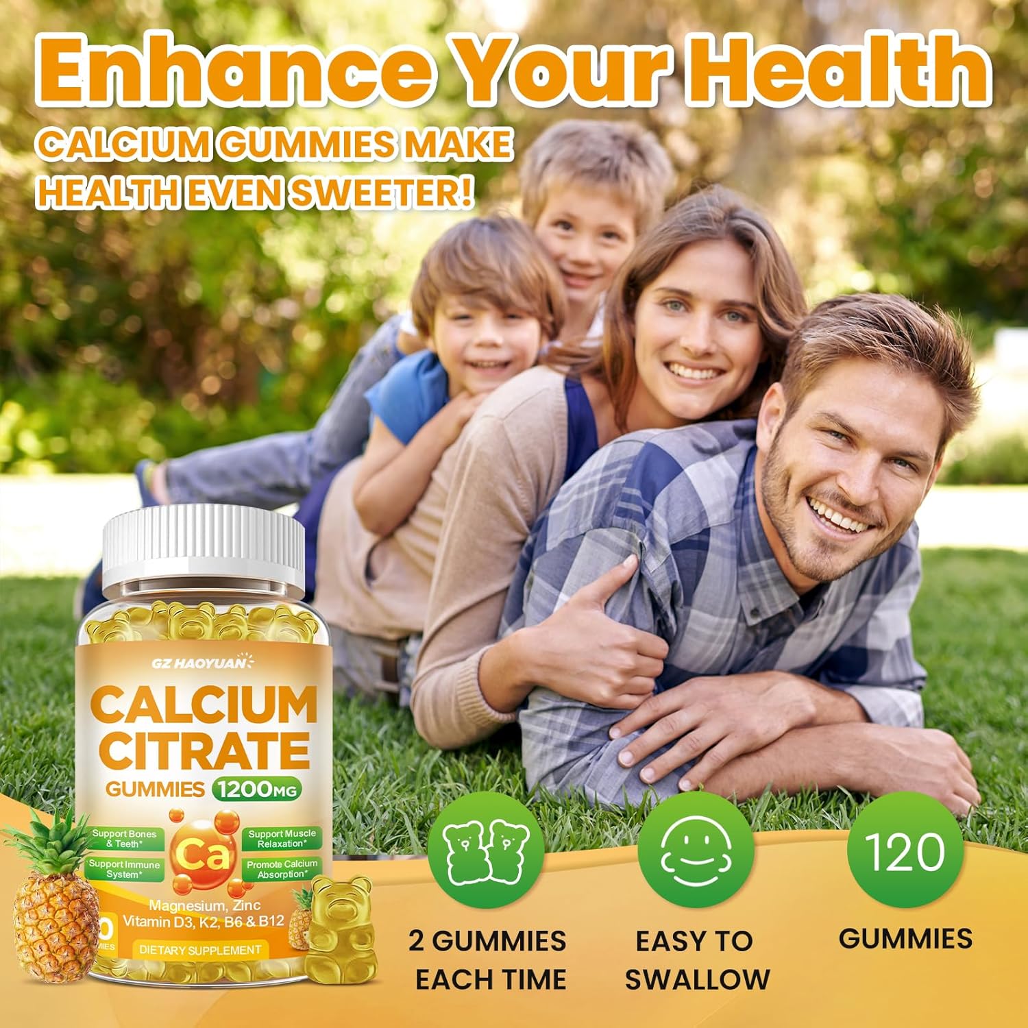 Calcium Citrate Gummies - 1200mg Calcium Gummies Supplements for Women & Men with Vitamin D3, K2, Magnesium, Zinc High Absorption for Bone, Muscle & Immune Support, Pineapple Flavor, 120 Count
