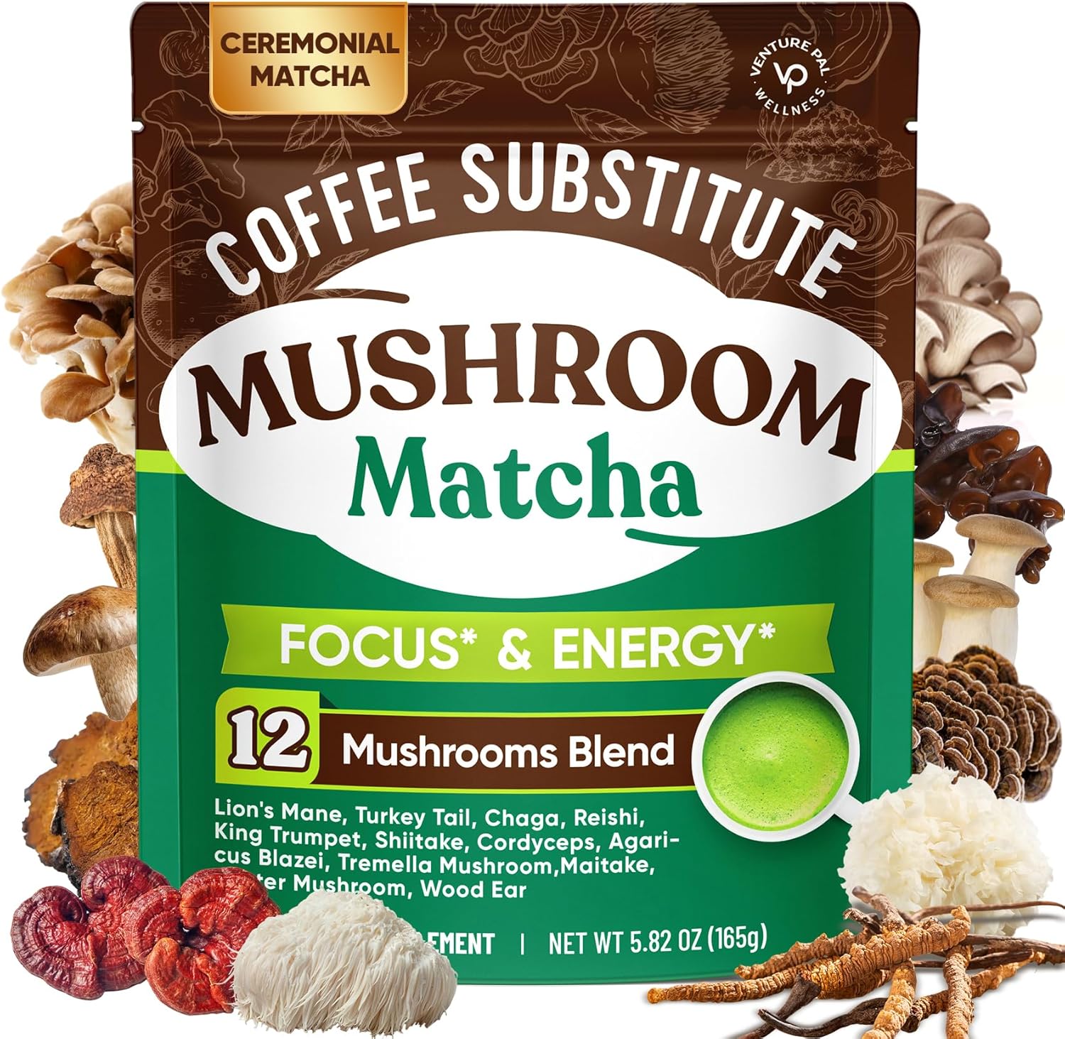 Venture Pal 12 Mushroom Matcha Powder – Mushroom Coffee Alternative with Lion’s Mane & Chaga + 1.5B Probiotics & L-Theanine, First Harvest Ceremonial Green Tea for Better Focus & Energy, 30 Servings
