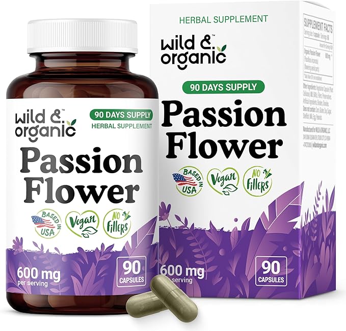 Wild & Organic Passion Flower Capsules 600 mg - Calming & Mood Support - Passionflower Extract Supplement - Passiflora Incarnata Herb - Vegan, No Fillers, Non-GMO - 90 Count