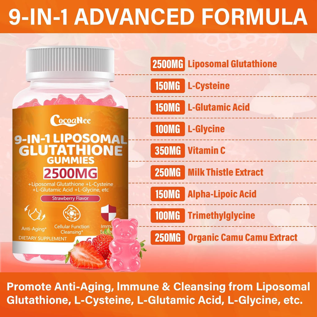 2 Packs 2500MG Liposome Glutathione Gummies, Composite L-Cysteine, L-Glycine Synergies, Collocation Milk Thistle Protect Liver, Increas 98% Absorption Rate, Whitening Skin Antioxidant Anti-Aging