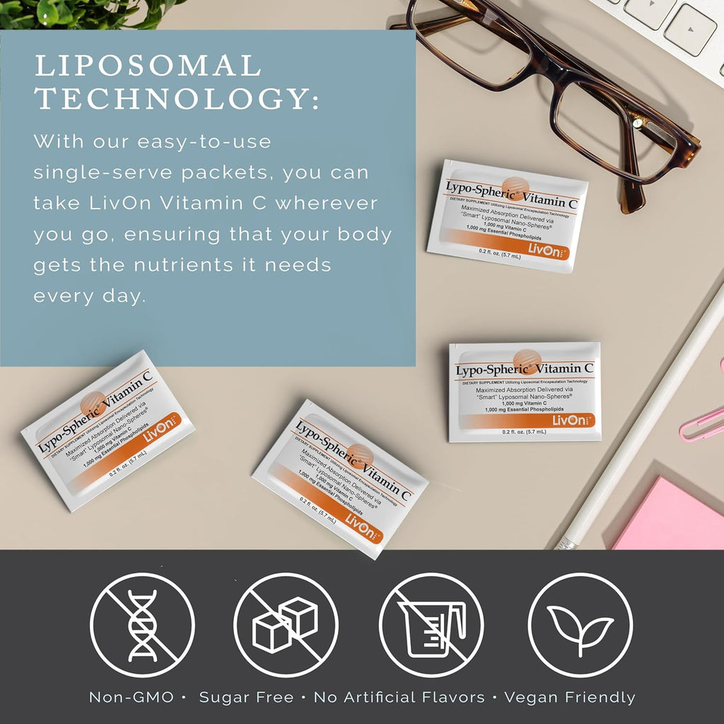 LivOn Laboratories Lypo–Spheric Vitamin C – 3 Cartons (90 Packets) – 1,000 mg Vitamin C & 1,000 mg Essential Phospholipids Per Packet – Liposome Encapsulated for Improved Absorption – 100% Non–GMO