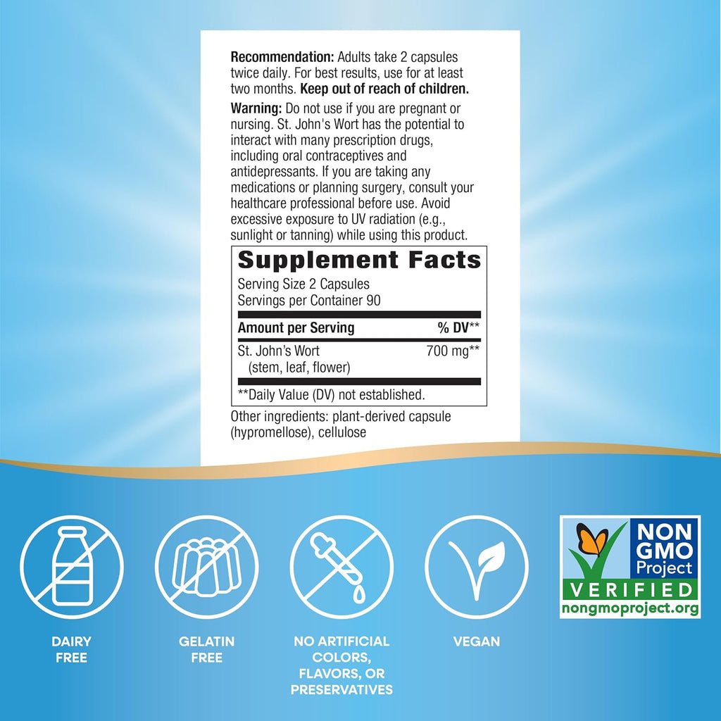 Nature's Way St. John's Wort Herb, Promotes a Positive Outlook*, 700 mg per 2-Capsule Serving, Non-GMO Project Verified, Vegan, 180 Capsules (Packaging May Vary)