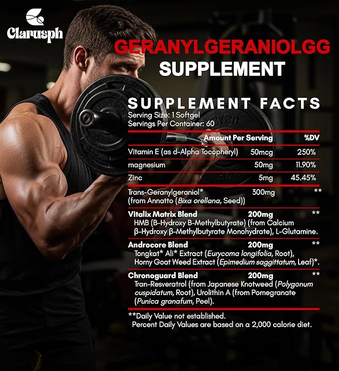 Energy Supplement Geranylgeraniol GG 300mg, Trans-Geranylgeraniol Supplement with Vitamin E for CoQ10, Annatto-Derived GG - Energy Supplements for Men, 30 Softgels
