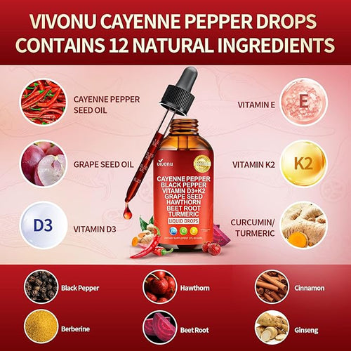 12 IN 1 Cayenne Pepper Drops Supplement, Liposomal Tech 98% Absorption, Supports* Leg Vein, Heart & Blood Vessel* Health, with Vitamin E D3+K2 & Extracts of Grape Seed, Hawthorn, Beetroot, Berberine