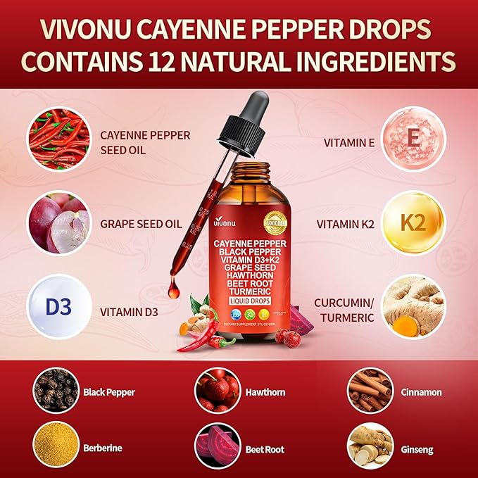 12 IN 1 Cayenne Pepper Drops Supplement, Liposomal Tech 98% Absorption, Supports* Leg Vein, Heart & Blood Vessel* Health, with Vitamin E D3+K2 & Extracts of Grape Seed, Hawthorn, Beetroot, Berberine