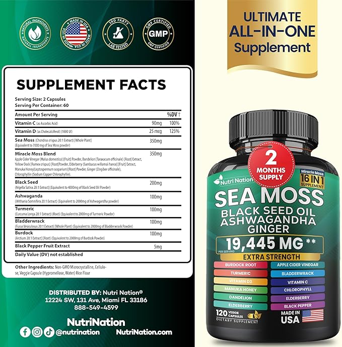 Sea Moss Black Seed Oil Ashwagandha and Burdock Root 16 in 1 Supplement 2 Bottles