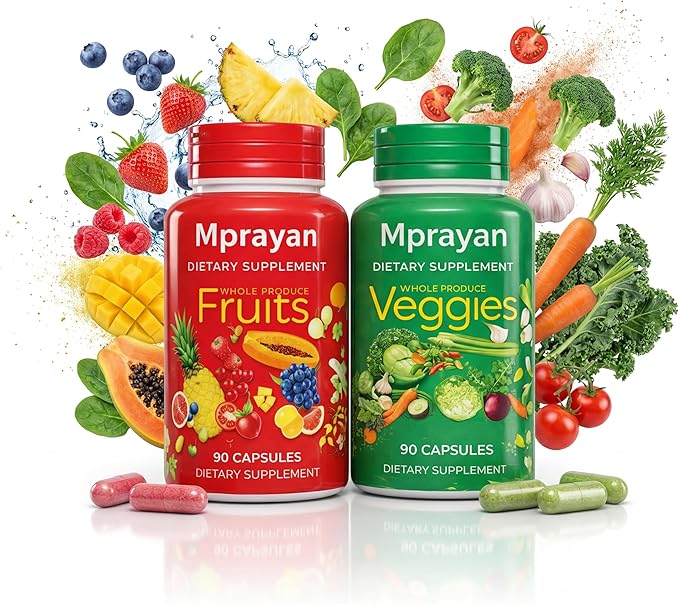 Fruits & Veggies Supplements - Whole Food Blended Vitamin & Mineral - 90 Fruit + 90 Vegetable Capsules - Daily Nutrition for Men & Women - 2 Pack