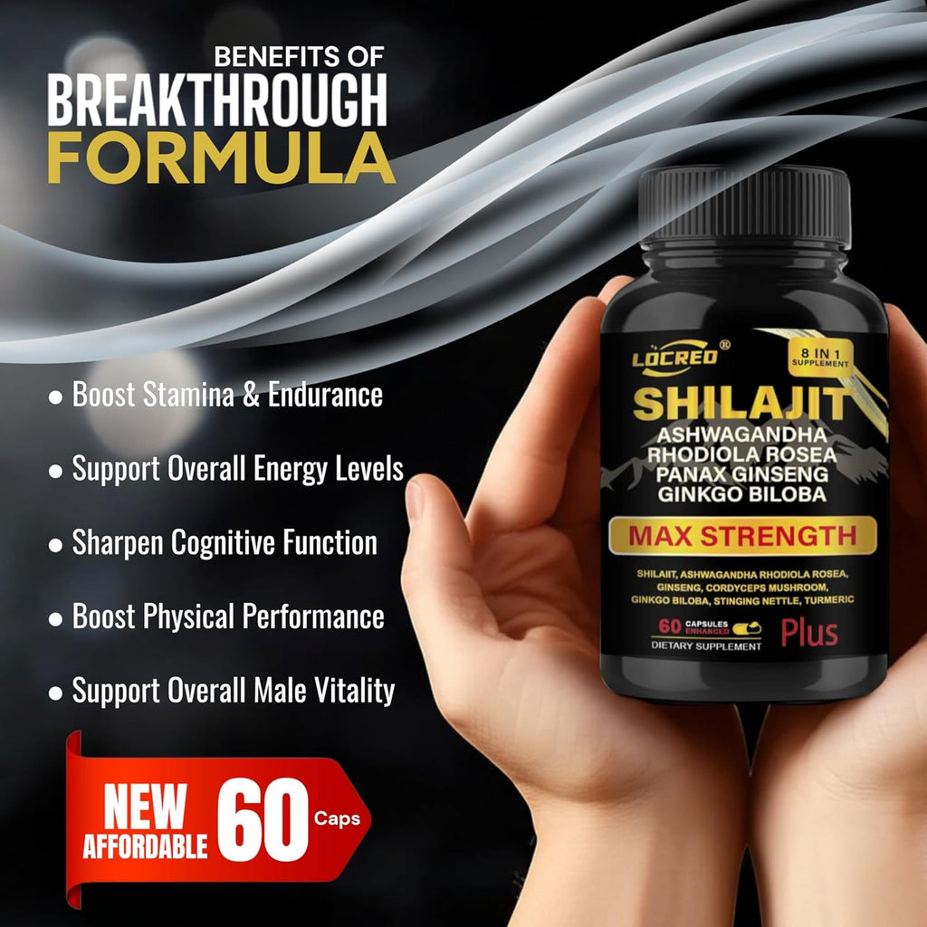 Shilajit Capsules for Men & Women, 8 in 1, with Shilajit 18000 mg, Ashwagandha, Ginseng, Ginkgo, Rhodiola, Cordiceps, Natural Energy & Stamina Supplement for Men, 60 Capsules.