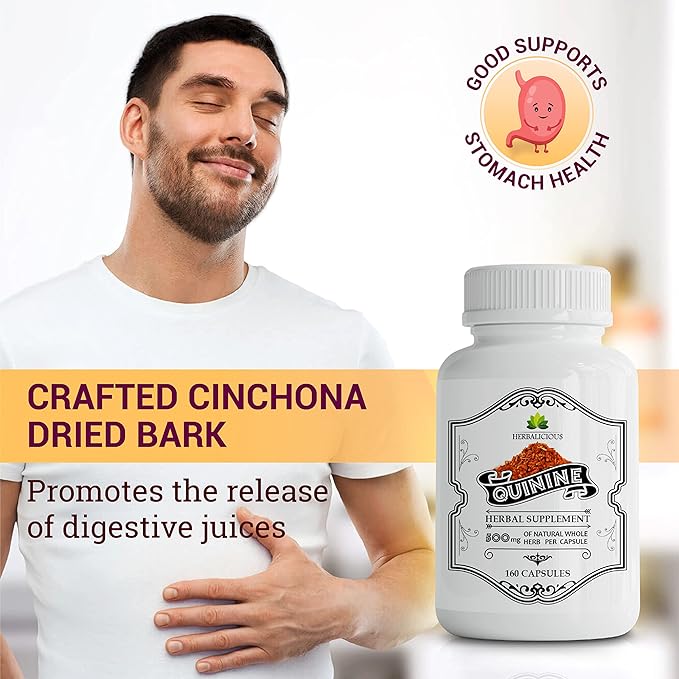 Quinine Capsules - Cinchona Officinalis Bark Herbal Supplement for Muscle, Cramp Defense and Overall Digestive Health - All-Natural Quinine Sulfate Pills, 500mg per Capsule, 160 Tablets