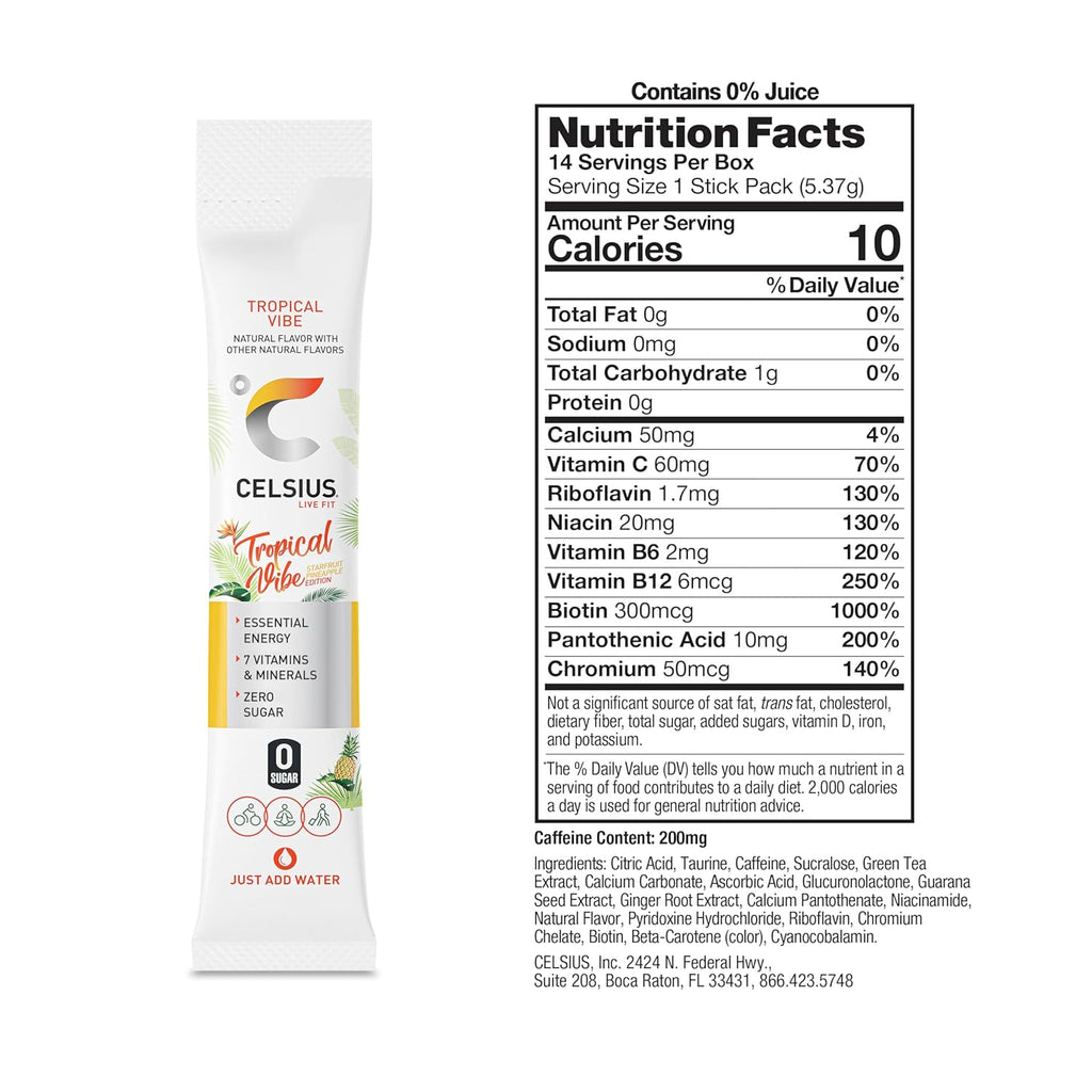 CELSIUS On The Go TROPICAL VIBE, Sugar Free Energy Drink Mix (14 Sticks per Pack) (Pack of 2)