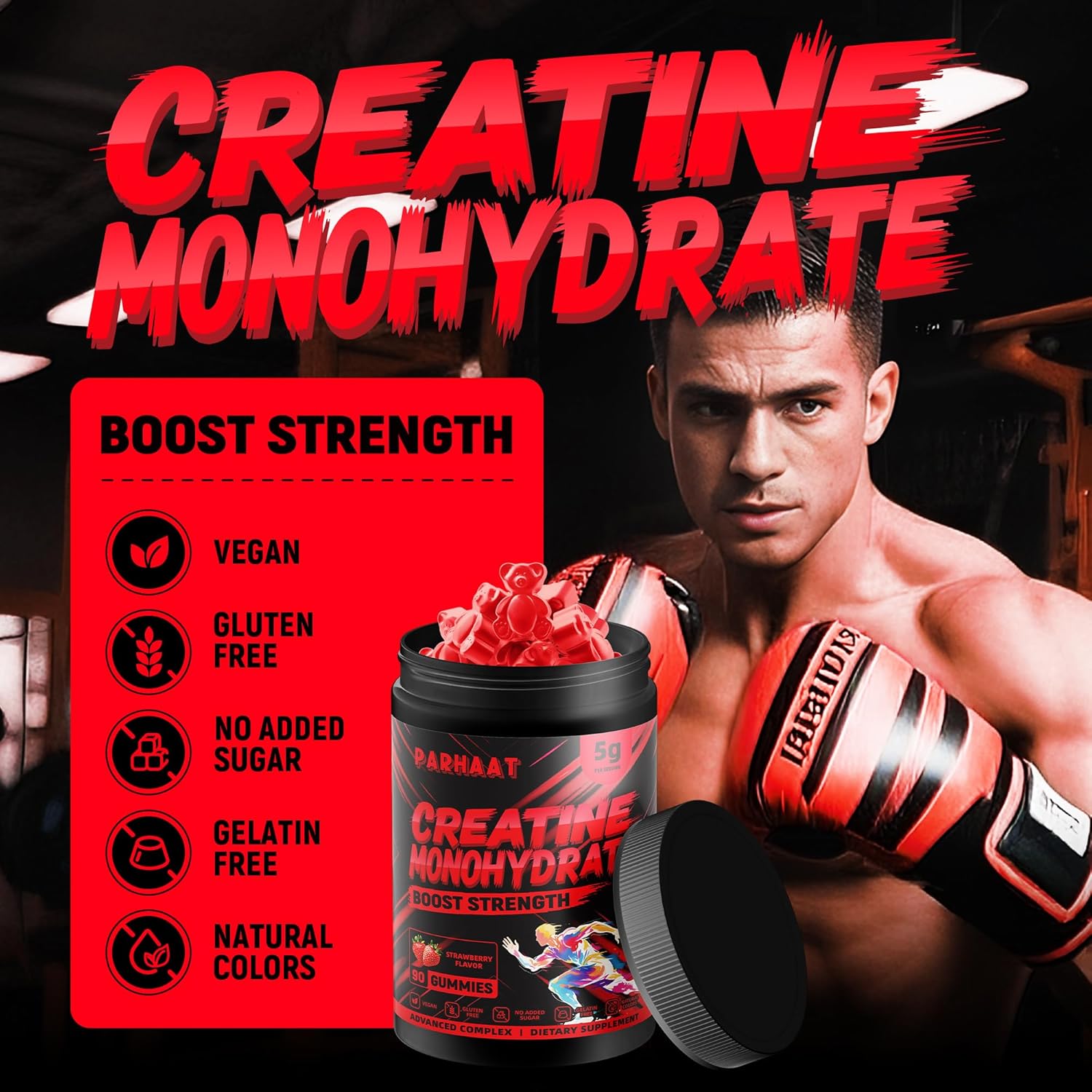 Creatine Monohydrate Gummies 5g for Men & Women - Boost Focus,Strength, and Endurance, Anti-Melting Formula, Vegan, Gluten-Free, Non-GMO, 2.5 Gram Creatine per Gummy (Strawberry 90 ct)