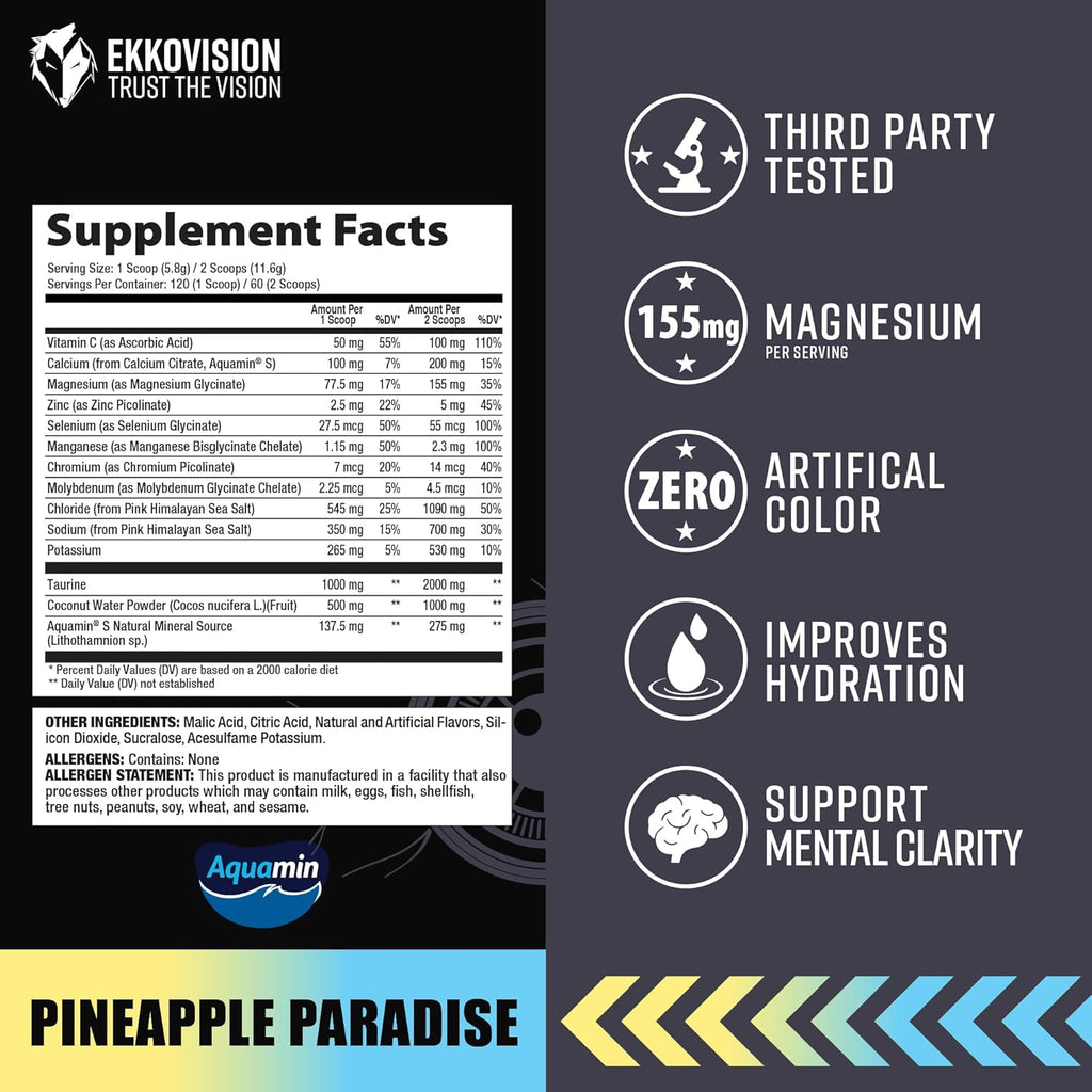 Ekkovision Ekkolyte Electrolytes and Minerals Powder, 50 MG Vitamin C & 155 MG Magnesium for Hydration Support, Essential Electrolytes for Women and Men, Pineapple Paradise Flavor, 120 Servings