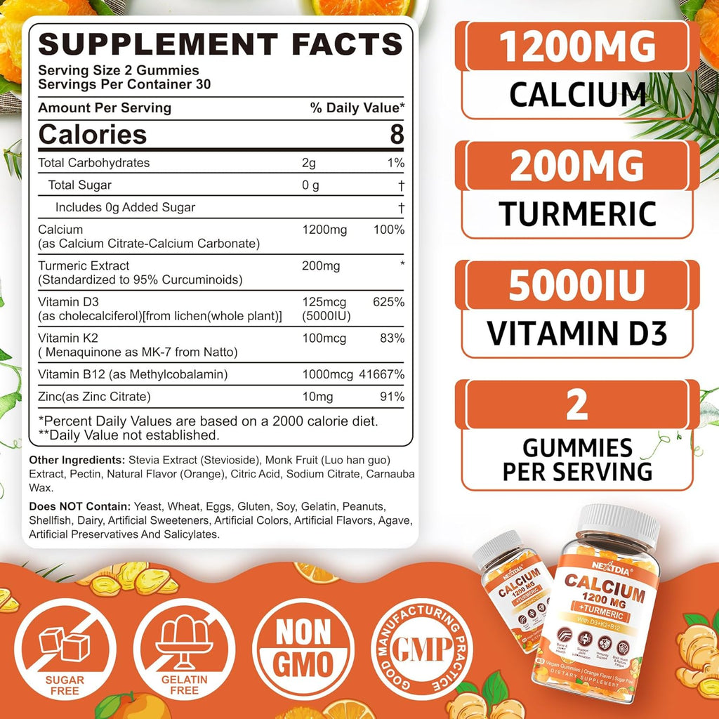 Calcium 1200 mg with Vitamin D3 Gummies - Calcium + Turmeric Supplement for Women and Men with Vitamin K2 B12 - Support Bone & Muscle - Sugar Free - Vegan (60 Count)
