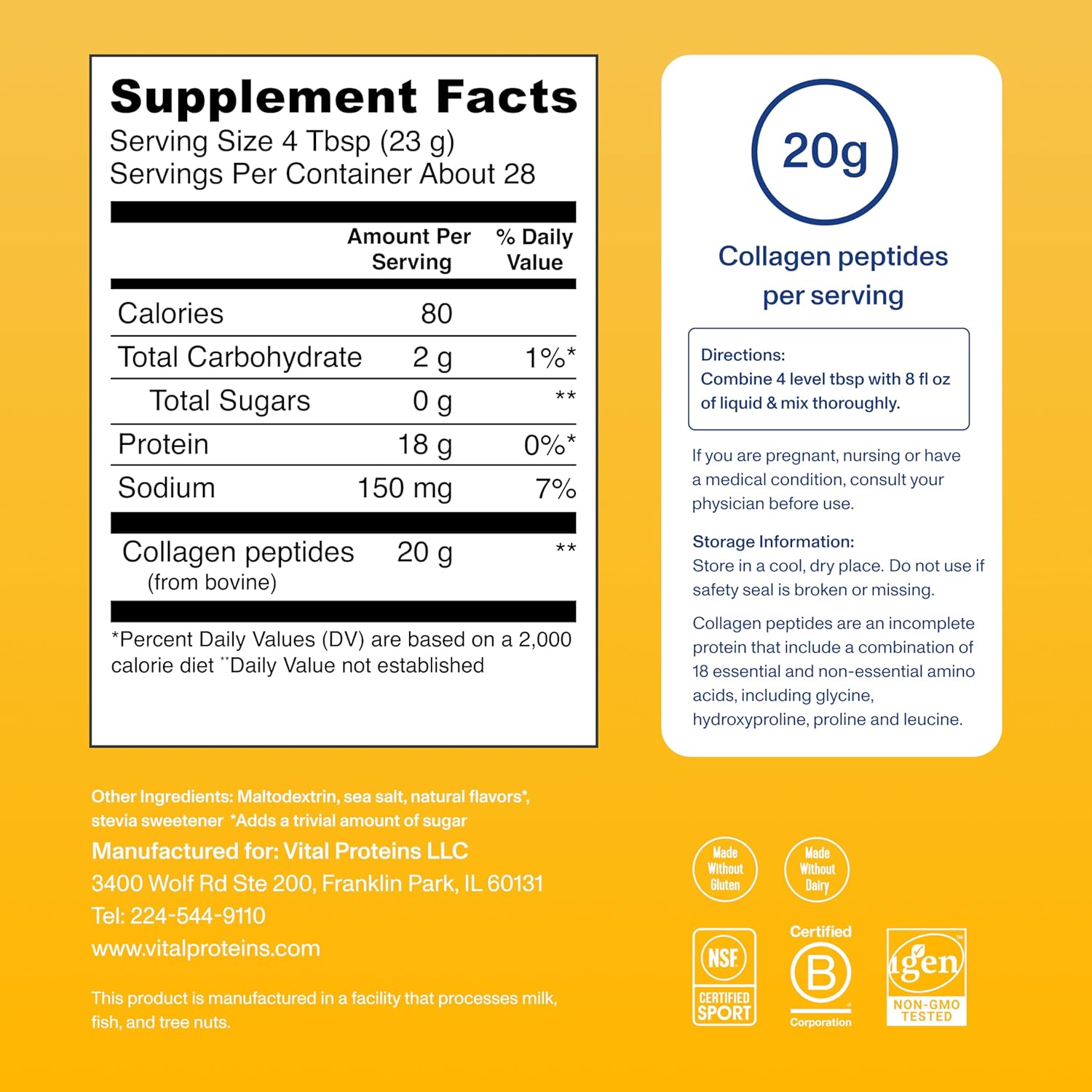 Vital Proteins Collagen Peptides Powder - Grass Fed Collagen Peptides for Hair, Nail, Skin, Bone & Joint Health, Vanilla, 23.2 Ounces