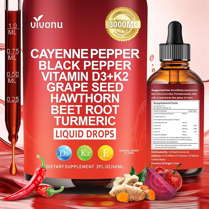 12 IN 1 Cayenne Pepper Drops Supplement, Liposomal Tech 98% Absorption, Supports* Leg Vein, Heart & Blood Vessel* Health, with Vitamin E D3+K2 & Extracts of Grape Seed, Hawthorn, Beetroot, Berberine