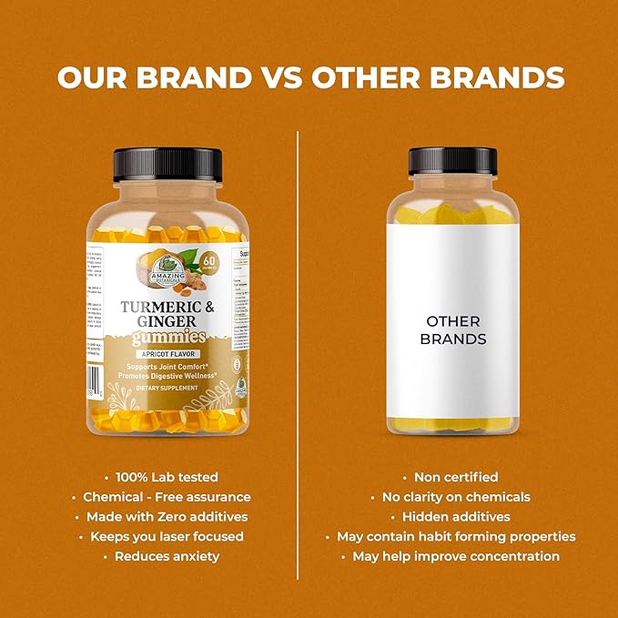 Amazing Botanicals Turmeric & Ginger Gummies – 270 mg Turmeric Extract & 12 mg Ginger per Serving – Apricot Flavor – 60 Gummies – Vegan, Gluten-Free, Non-GMO – Dietary Supplement