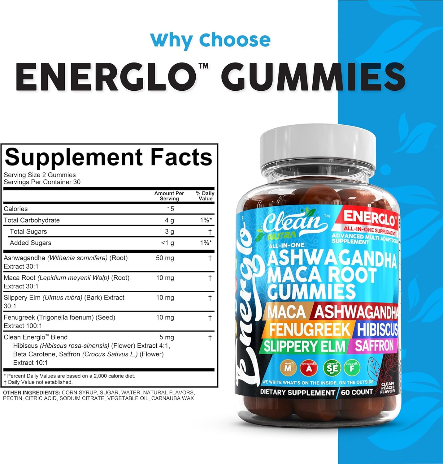 Ashwagandha Maca Root Gummies with Fenugreek Hibiscus Slippery Elm Saffron Extract & Beta Carotene | Peach Flavor Vegan Gummy Vitamins Adaptogen Cortisol Supplement Energlo by Clean Nutra (2)