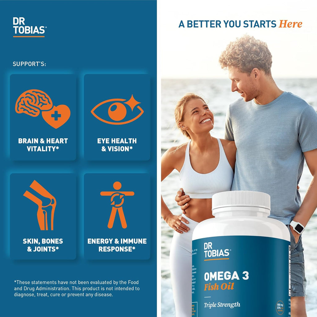 Dr. Tobias Omega 3 Fish Oil, 2000mg Triple Strength with 800mg EPA 600mg DHA Per Serving, Fish Oil Omega 3 Supplements for Heart, Brain & Immune Support, 60 Softgels, 30 Servings
