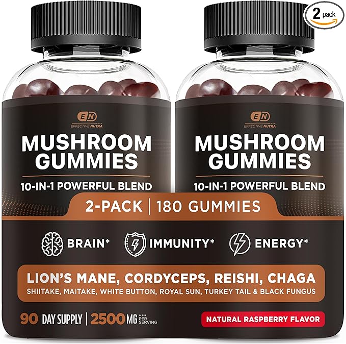 Effective Nutra Mushroom Gummies 2500mg - 10in1 Lion’s Mane, Reishi, Chaga, Cordyceps & More - Focus, Clarity, Memory, Immunity, Energy - Natural Raspberry Flavor, Vegan, Made in USA (2-Pack)